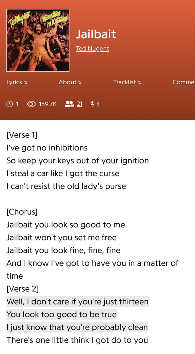 LeftyMetal's tweet photo. @TedNugent Speaking of getting upset do you care to explain this song https://t.co/xOk70HZMra