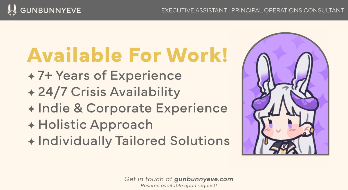 GunbunnyEve's tweet photo. ✨I am Available For Work Again! ✨

As most of my active contracts are wrapping up, I am once again looking for new opportunities as an Operations Consultant or Executive Assistant for growing e-commerce businesses and full-time content creators! 

▼ More info below ▼ https://t.co/0R3ssEzTjc