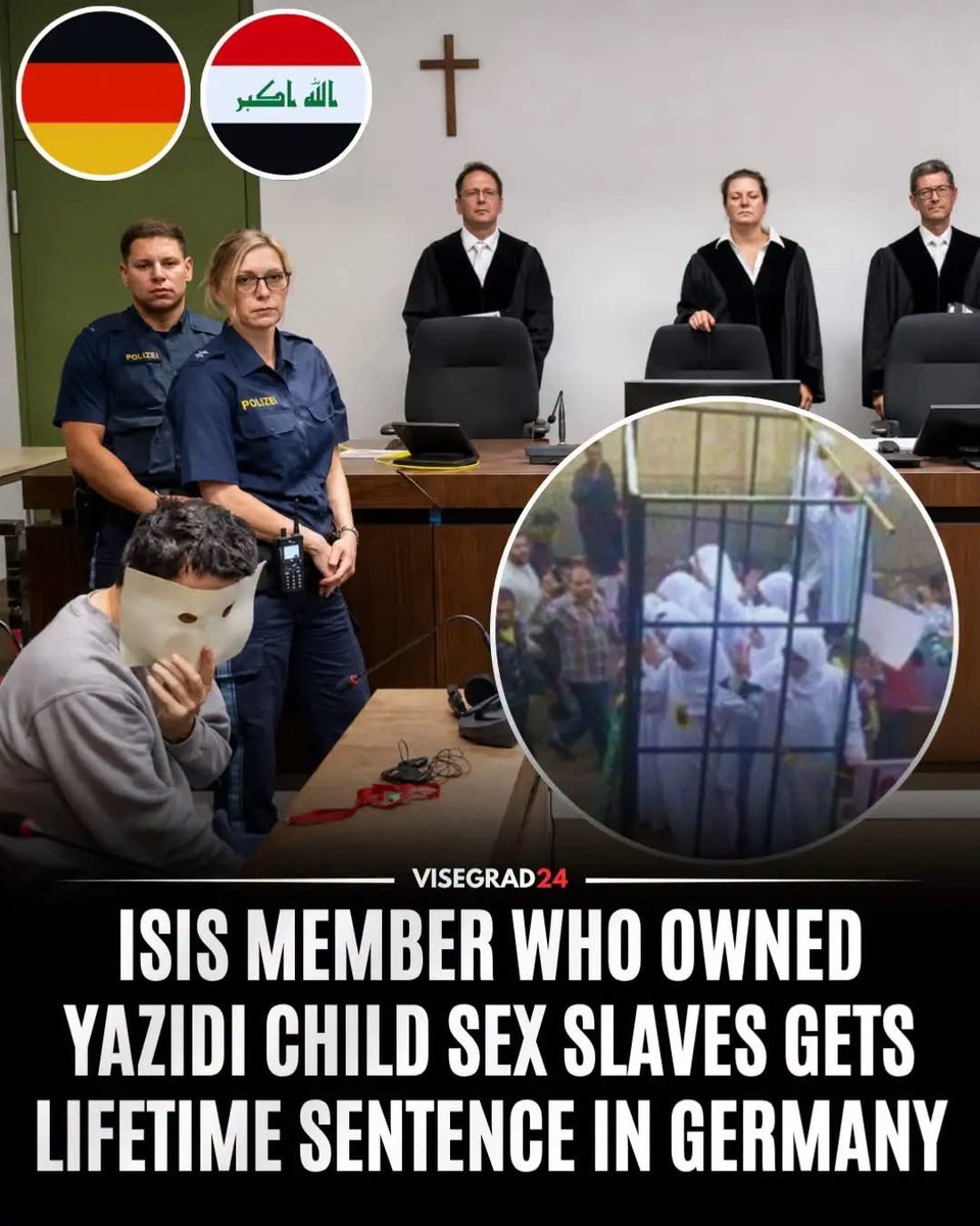 visegrad24's tweet photo. 🇩🇪🇮🇶 A German court has sentenced an ISIS fighter and his wife to prison for enslaving and r*ping Yazidi girls.

They bought two Yazidi girls, a five-year-old and a twelve-year-old, at a slave market in Mosul, Iraq..

The terrorist named Twana repeatedly r*ped them while his wife Asia helped prepare the assaults, beat them and had them working as slaves.

They later handed the girls over to other ISIS terrorists before moving to Germany where they lived undetected by the authorities for several years.

The older girl was later rescued and moved to Germany after her ordeal. She faced Twana in court to identify him. The younger girl has sadly never been found, and her fate is unknown.

Twana was sentenced to life in prison, while his wife Asia got 9.5 years.