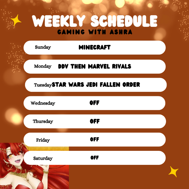 AshraFlare's tweet photo. Here's NEXT WEEK's stream schedule. You are all amazing! 🧡 https://t.co/Iojq0JtRkb