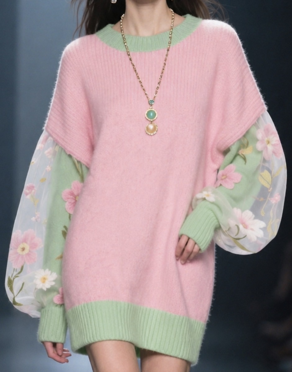 insperarise's tweet photo. pink knit dress with floral sheer sleeves 🌸 https://t.co/4BHVzFpBPq