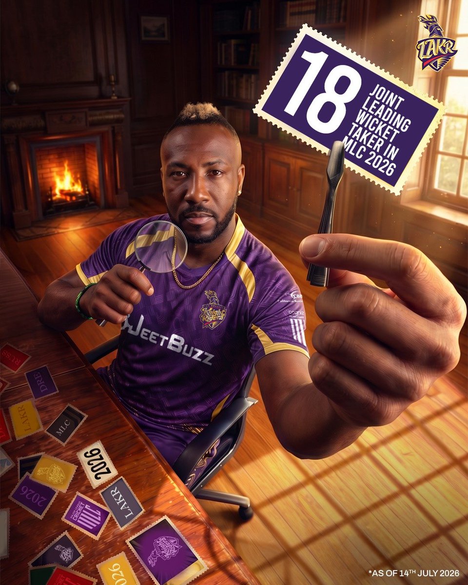 LA_KnightRiders's tweet photo. Officially stamped as one of the greats of the game! 💜😉
Andre Russell | #WeAreLAKR | #LAKnightRiders | #MLC26 https://t.co/9QO3N1nXWu