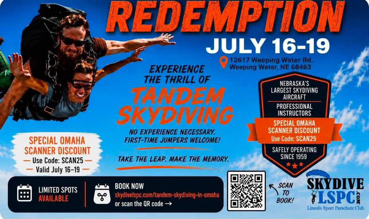 omaha_scanner's tweet photo. LAST CHANCE!! Skydiving is pretty cool…especially with exclusive Omaha Scanner code “SCAN25”. Don’t miss your opportunity! #Ad https://t.co/31zjMsosoO