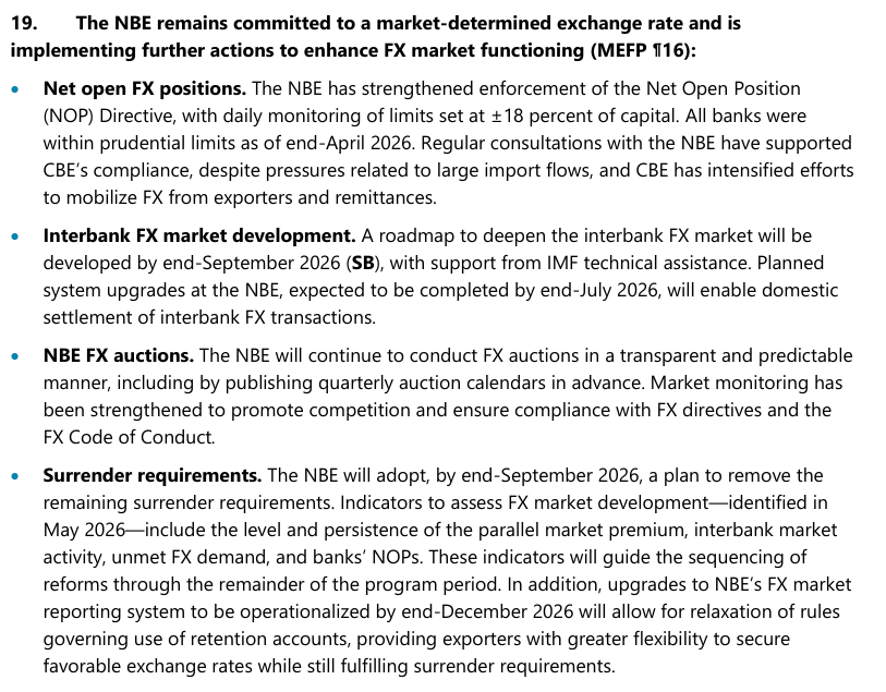 PatrickHeinisc1's tweet photo. The National Bank of #Ethiopia will adopt, by end-September 2026, a plan to remove the remaining foreign exchange surrender requirements. The parallel market spread has fluctuated between 10–20 percent since October 2025, and 11–12 percent in May 2026. https://t.co/nifbgtNr65