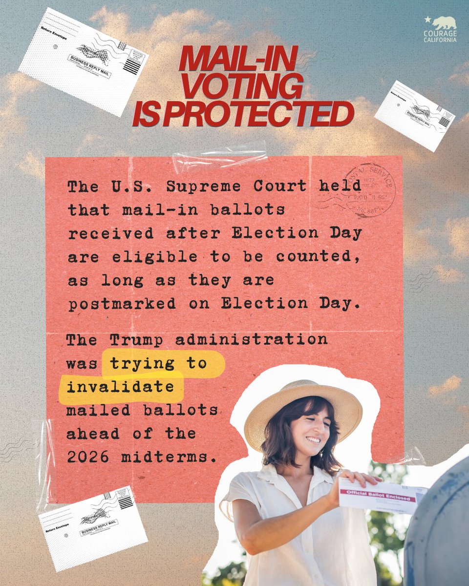 CourageCA's tweet photo. The Trump administration has taken some losses and has been quiet about them.

We’ve quietly made gains in:
💰Restoring federal funding to Planned Parenthood
🏛️Banning ICE from courthouses
🗳️Protecting mail-in ballots
+more

#SCOTUS #mailinballots #PlannedParenthood #ICEout https://t.co/YcBT8DpKmY