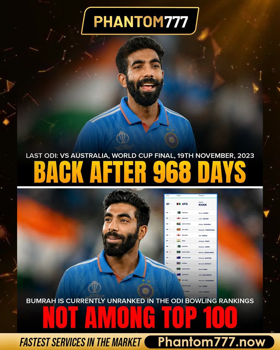 phantom777com's tweet photo. He’s back to reclaim his throne—the boom is ready to shake up the rankings again! ⚡️🦁
#JaspritBumrah #TheBoomIsBack #TeamIndia #ODICricket #KingBumrah https://t.co/xs9HFcxufP