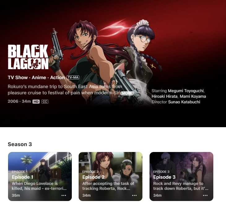 p9cker_girl's tweet photo. It appears Crunchyroll as well as Apple TV have lost the anime licenses for Black Lagoon in the US.

The only season available is Season 3 i.e. Roberta's Blood Trail https://t.co/vIbqq3dqJp