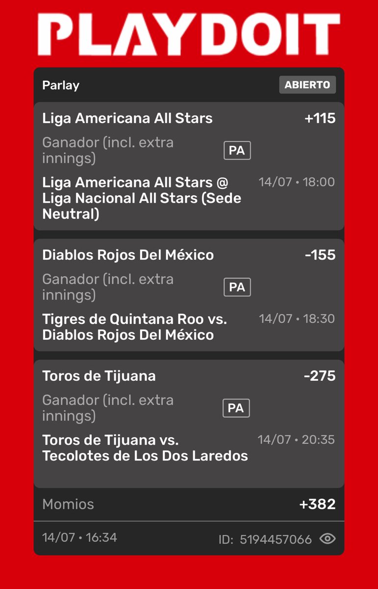 Bonover88's tweet photo. 🟢 Parlay activado 🍿⚾
✅ Liga Americana All Stars ML (+115)
✅ Diablos Rojos del México ML (-155)
✅ Toros de Tijuana ML (-275)
📈 Momio total: +382
#ApuestasDeportivas #MLB #LMB #AllStarGame #DiablosRojos #TorosDeTijuana #Parlay #PlayDoit #Beisbol #VamosPorElVerde https://t.co/FecHQXnw5v
