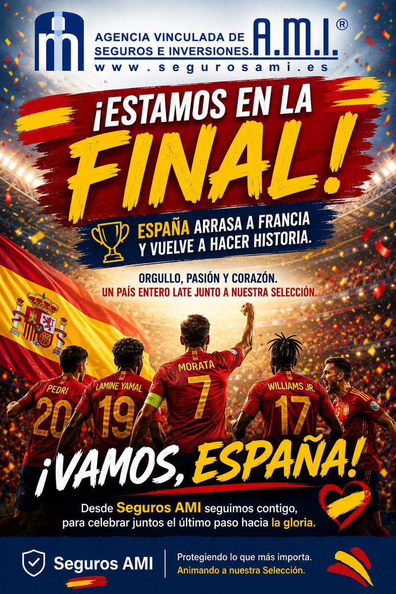 SegurosAMI's tweet photo. 🇪🇸 A LA FINAL! España vuelve a demostrar que el talento, el esfuerzo y la unión no tienen límites. 
Desde Seguros AMI @SegurosAMI queremos felicitar a nuestra Selección @SEFutbol por una victoria para la historia. 
Ahora, a por la estrella! ⭐🏆 https://t.co/fQwXS2nqZq