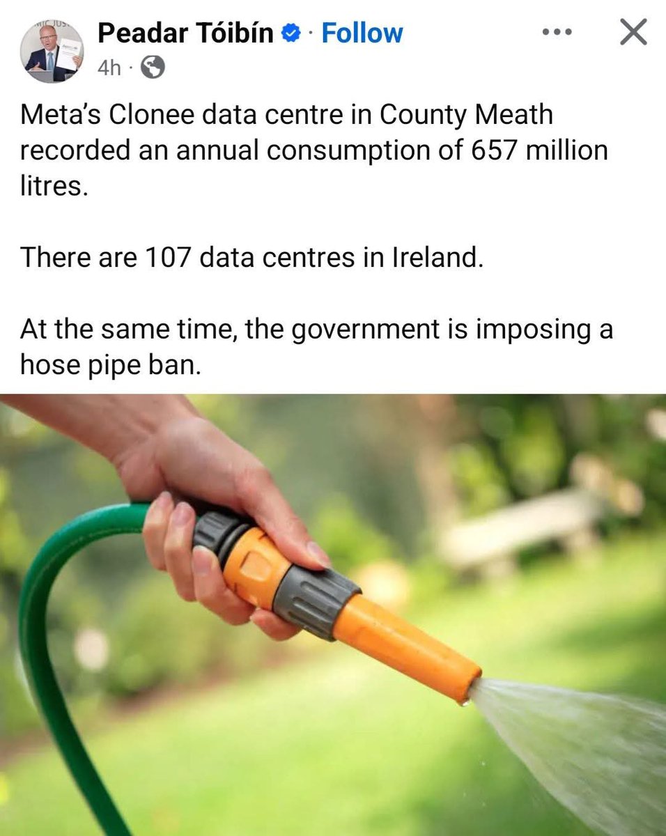 Jklunden's tweet photo. 82 operational data centers in Ireland.
14 data centers under construction.
40 additional data centers with planning permission.  

Based on measured public water use

Uisce Éireann reported that all known data centres connected to the public water network used about 810 million litres during 2021. That works out to:

810 million litres/year
≈ 2.2 million litres per day on average