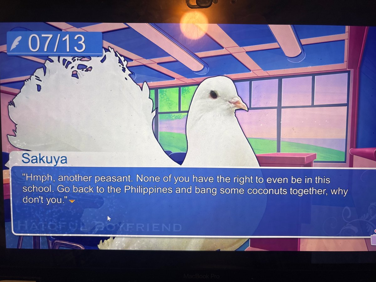 Vex_ation_'s tweet photo. “Hatoful Boyfriend has a lot of surprises” and the surprise is that one of the birds is super racist https://t.co/l24xvO4oDf