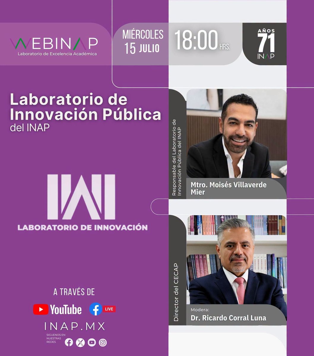 inap_mx's tweet photo. 🔬 No te pierdas el día de mañana nuestro #WebINAP, donde el Mtro. @MoisesVillaVM dialogará sobre el Laboratorio de Innovación Pública del INAP, un espacio para impulsar soluciones innovadoras al servicio del sector público.

📅 Miércoles 15 de julio 
⏰ 18:00 hrs.
📲 Sigue la transmisión en vivo por nuestras redes sociales.
https://t.co/7KCWDa1FHv