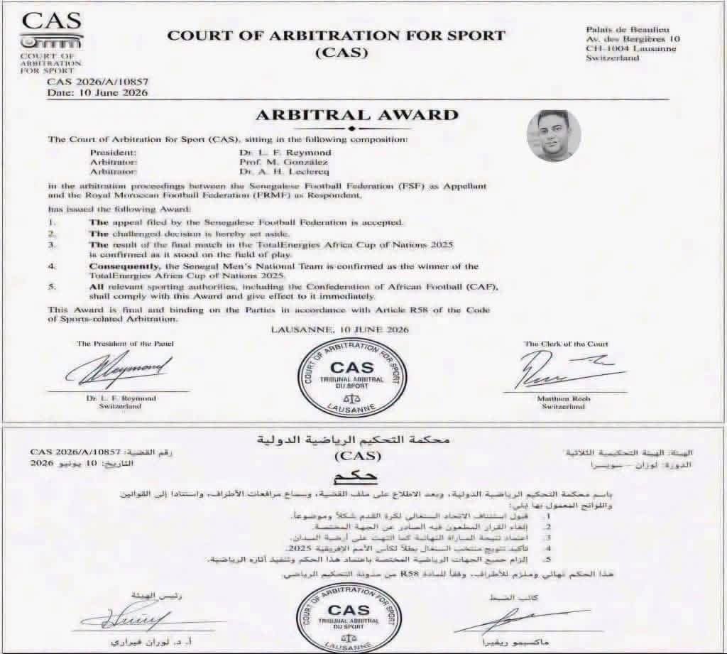 iam_ola1de's tweet photo. JUST IN 🚨

The Court of Arbitration for Sport (CAS) has reportedly declared Senegal the winners of the 2025 Africa Cup of Nations (AFCON).

Congratulations Senegal 🇸🇳 Once again..

Congratulations to the ON-FIELD WINNER of AFCON 2025 https://t.co/rcoptU8N9Q