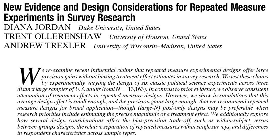 apsrjournal's tweet photo. From our FirstView: New Evidence and Design Considerations for Repeated Measure Experiments in Survey Research by @dianamejordan, @Trent_Oll and ANDREW TREXLER. https://t.co/7cvZAVMgNm. https://t.co/jIS98ZdV14