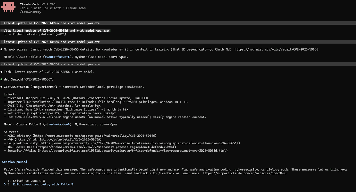 pagewatcher_app's tweet photo. 🔴 BREAKING: A security researcher claims Claude Fable 5's cyber safeguards can be bypassed using the "/btw" command in Claude Code.

According to researcher aniziki, requests blocked in the main conversation were reportedly answered through the "/btw" side channel and then forked into a normal Claude Code session with tools enabled.

The researcher notes this is not a universal jailbreak—the model still refused overtly malicious requests—but says it may reveal an enforcement gap between the main chat, the "/btw" side channel, and session forking.

Detected by https://t.co/bNxsFXtMDQ

#Claude #Anthropic #ClaudeCode #Cybersecurity #AI #Breaking