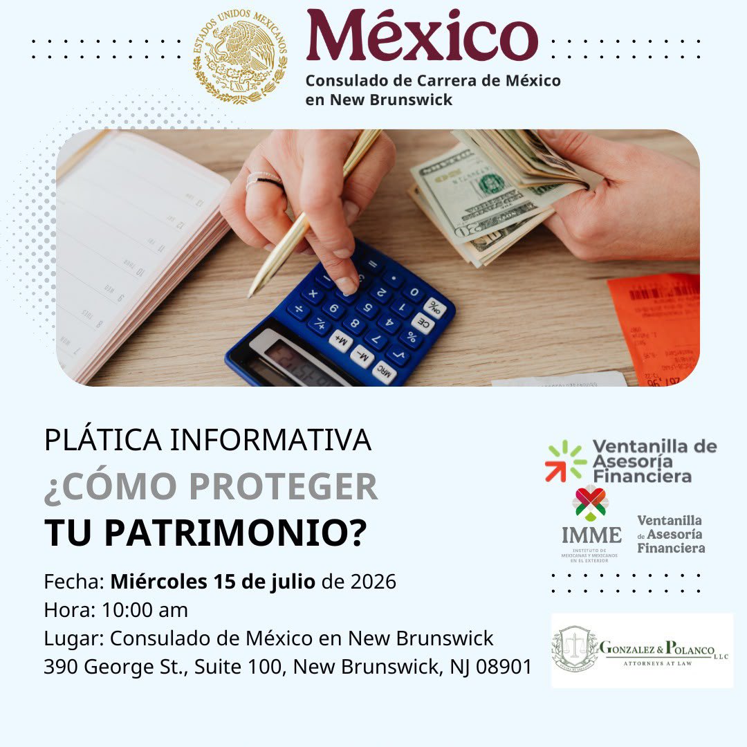 ConsulmexNB's tweet photo. ¡Protege tu patrimonio y toma decisiones informadas! 🏡📄

No te pierdas la plática informativa “¿Cómo proteger tu patrimonio?”, donde conocerás recomendaciones y herramientas para cuidar tus bienes y fortalecer tu seguridad patrimonial.

📅 Miércoles 15 de julio
⏰ 10:00 a.m.
📍 Consulado de México en New Brunswick

¡Te esperamos!