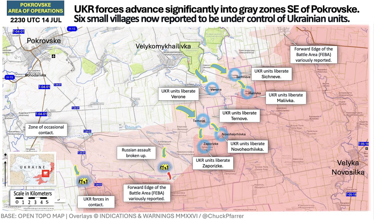 ChuckPfarrer's tweet photo. UKRAINE ATTACKS:  UKR forces have conducted successful counterattacks in the broader southern Donetsk sector.  This offensive has liberated six settlements and approximately 120 km² of territory 
SE of Oleksandrivka.   Settlements include: Ternove, Zaporizke, Novoheorhiivka, Vorone, Sichneve, Maliivka