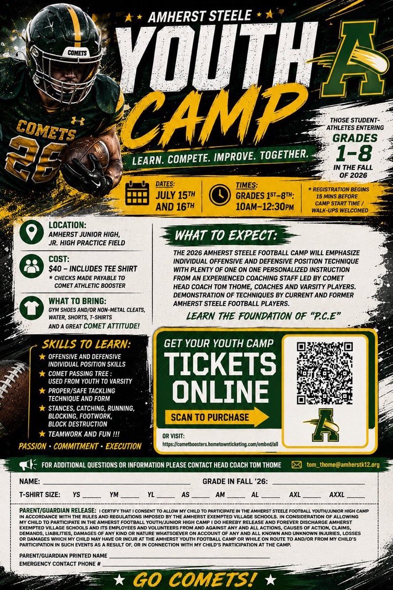 AmherstFootball's tweet photo. Youth Camp is 10a-12:30p at AJH for grades 1st-8th, make sure to bring water, registration starts 9:35a, walk up welcomed! @SteeleComets @CoachTThome @AmherstQb https://t.co/HijUUlM5Jf