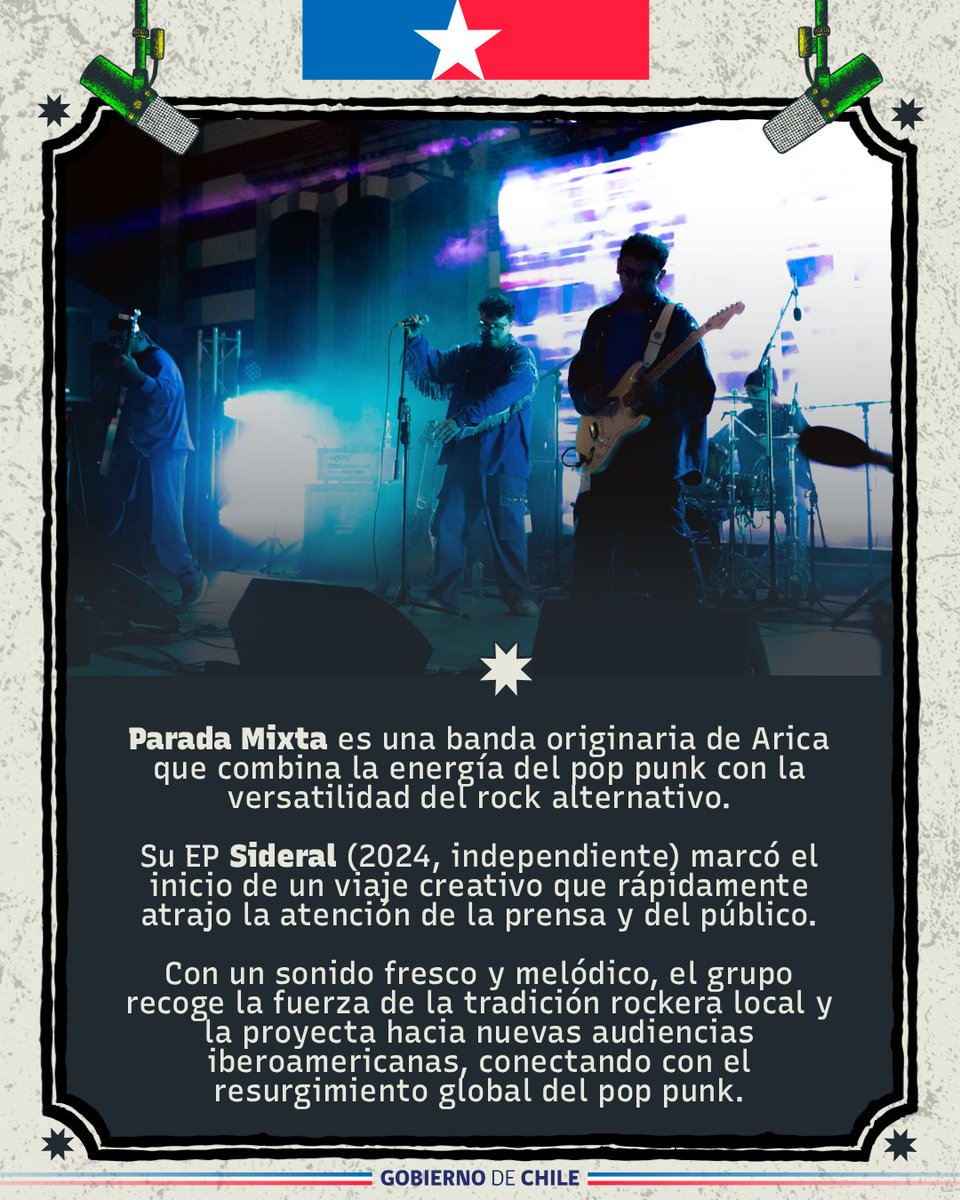 EscuelasdeRock's tweet photo. La #RedRockódromo también alzó su bandera desde Arica: el sábado 11 de julio vivimos una nueva edición del ⚡ festival #Chinchorro ⚡y con ello, tenemos una nueva banda seleccionada para Rockódromo 2026 en Valparaíso:  ¡Parada Mixta!👏 https://t.co/IwkgJNGa2t