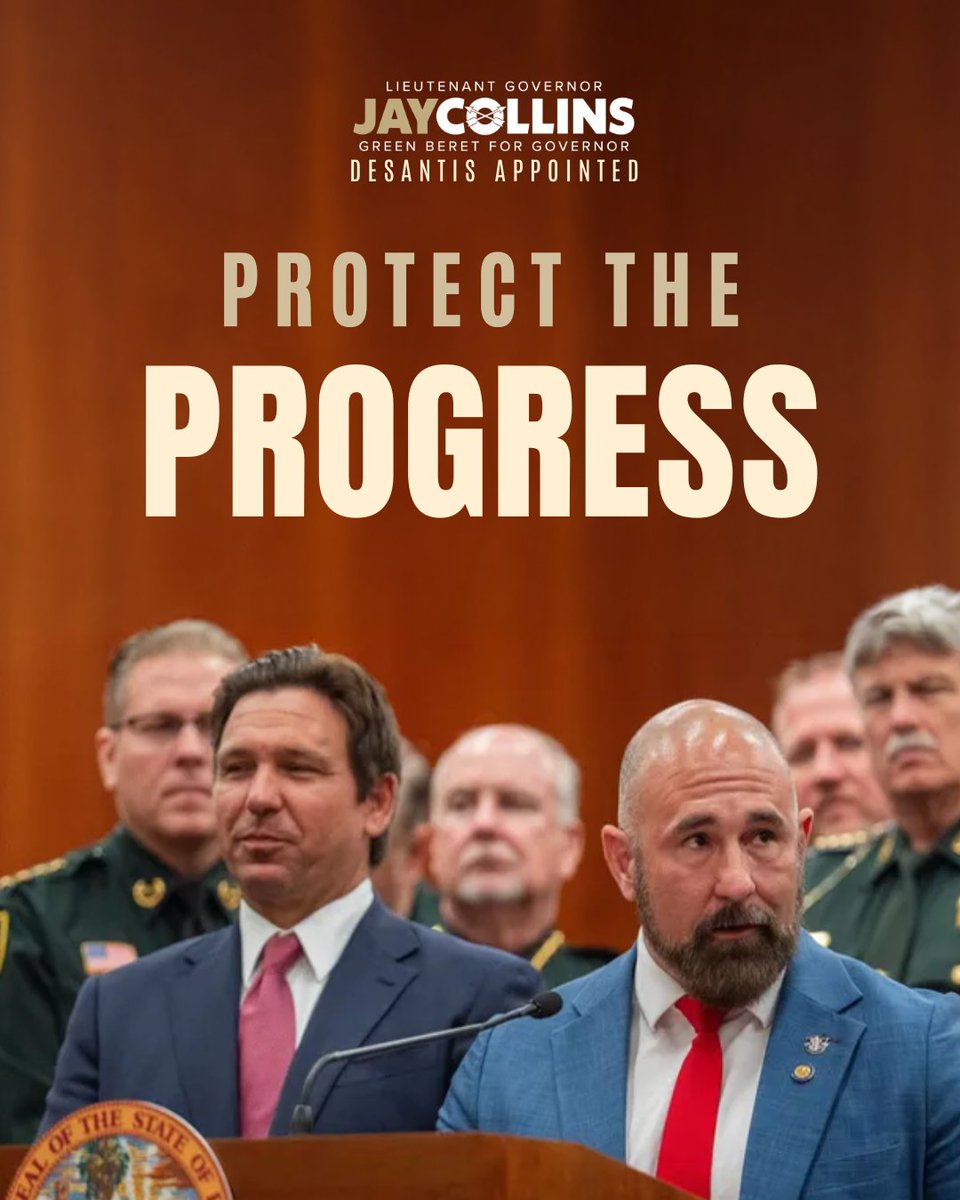 JayCollinsFL's tweet photo. Governor Ron DeSantis built the strongest conservative record in America.

I was honored when he trusted me to serve as his Lieutenant Governor.

Now we're building the team that will continue the Florida Blueprint.

Join us.

Let's win. https://t.co/U8nrbh2dlY