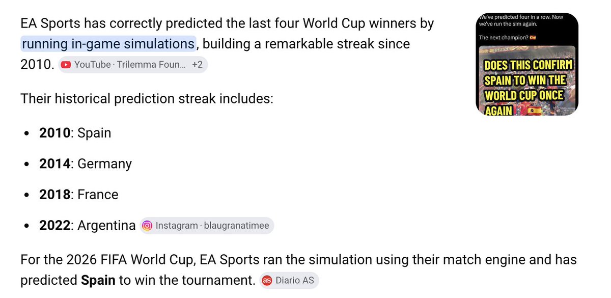 tweeter_random1's tweet photo. They did it again and you sheep still think these sports are legit SPAIN is winning it all just as EA sports predicted last 4 years in a row... Now make it 5 in a row... #Spain #WorldCup #Argentina #RiggedSports https://t.co/dl00GvQ1mO