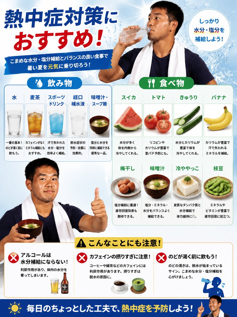 koji_ysenpai's tweet photo. 前回は熱中症の症状や対処法について紹介しました。
今回は「どんな場所が危ないのか」「おすすめの飲み物・食べ物」について

「若いから大丈夫」
「室内だから大丈夫」

そんな思い込みが一番危ないゾ。
熱中症は意外な場所でも起こります。

【おすすめの飲み物】
・水
・麦茶
・スポーツドリンク
・経口補水液
【おすすめの食べ物】
・スイカ
・トマト
・きゅうり
・バナナ
・梅干し
のどが渇く前の水分補給を心がけて、しっかり対策していきたいっすねぇ