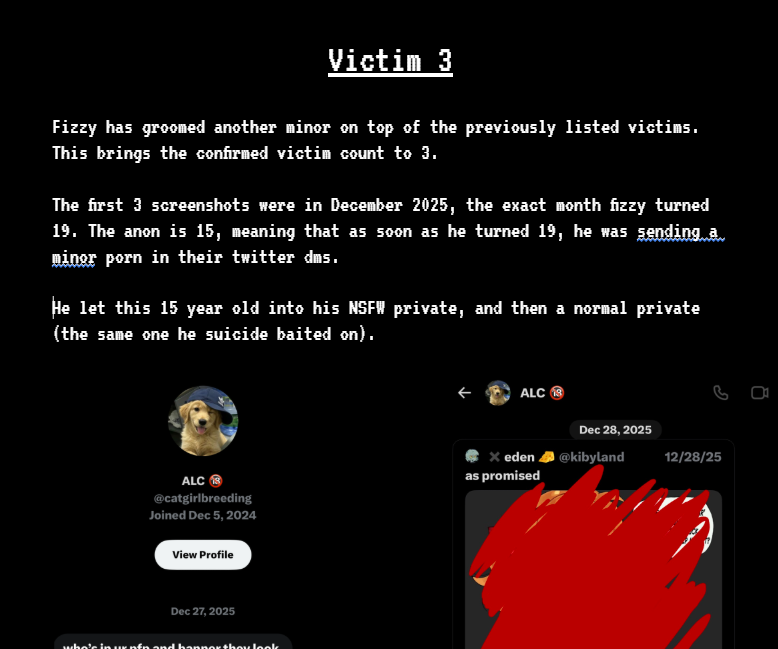SharkyLeo_YT's tweet photo. Final update regarding this document. Fizzy has also groomed another minor while being 19 and the victim being 15. This shows a complete pattern of predatory behaviour and this person should absolutely be deplatformed.
https://t.co/cSGZHu0i3E https://t.co/BapeLtJ4T0