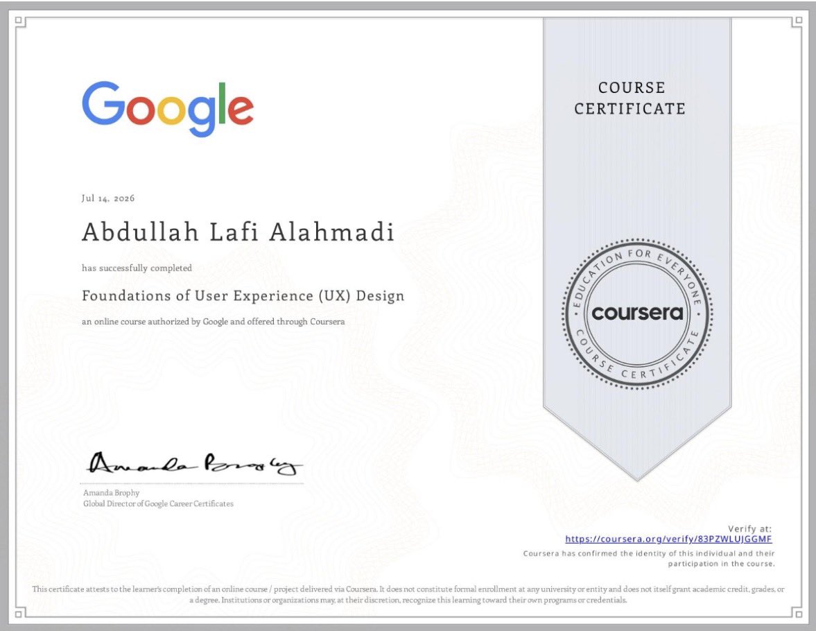 Abdullah_lafi7's tweet photo. بدأت في google UX design professional certificate وأنهيت اول كورس الحمدلله🙌🏻

كان مقدمة جميلة جداً يتطرق في جميع الأساسيات والتعريفات، رغم معرفتي المسبقة لأغلب المعلومات. لكن اكثر شي استفدت منه في هذا الكورس هو الجانب الريادي في هذا المجال وكيف تكون عضو فعال كا مصمم UI/UX https://t.co/5jt13SyJcT