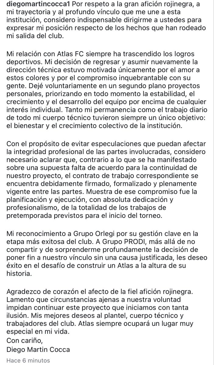 ManuelVils's tweet photo. Diego Cocca habla sobre su salida de Atlas.

Destacar que afirma que existía vínculo contractual firmado, contrario al comunicado del club.

Da a entender que Grupo Prodi (podemos entender Zubizarreta) finalizó unilateralmente la relación a 4 días de comenzar el torneo.