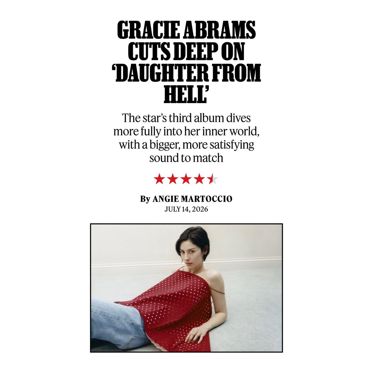 concertleaks's tweet photo. Rolling Stone gives Gracie Abrams’ ‘Daughter from Hell’ 4.5/5 stars! 

“It’s her best album yet.” https://t.co/moCHr7EgX1