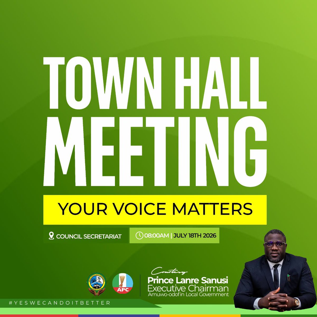 AMUWOODOFINLGA1's tweet photo. TOWN HALL MEETING: YOUR VOICE MATTERS

The Executive Chairman of Amuwo-Odofin Local Government, Prince Lanre Sanusi, invites all residents, community leaders, youth groups, market associations, religious organisations, and other stakeholders to participate in the upcoming Town Hall Meeting.

The meeting provides an opportunity for residents to engage directly with the Local Government, share ideas, ask questions, and contribute to discussions on policies, projects, and initiatives that will shape the future of our community.

Your voice matters, and your participation is essential as we continue to build a more inclusive, responsive, and people-centred administration.

Date: Saturday, 18th July, 2026
Time: 8:00 a.m.
Venue: Amuwo-Odofin Local Government Council Secretariat

Together, let’s chart a greater future for Amuwo-Odofin. We look forward to welcoming you.

Signed:
Josephine Owuye
Supervisor for Public Affairs & ICT
Amuwo-Odofin Local Government