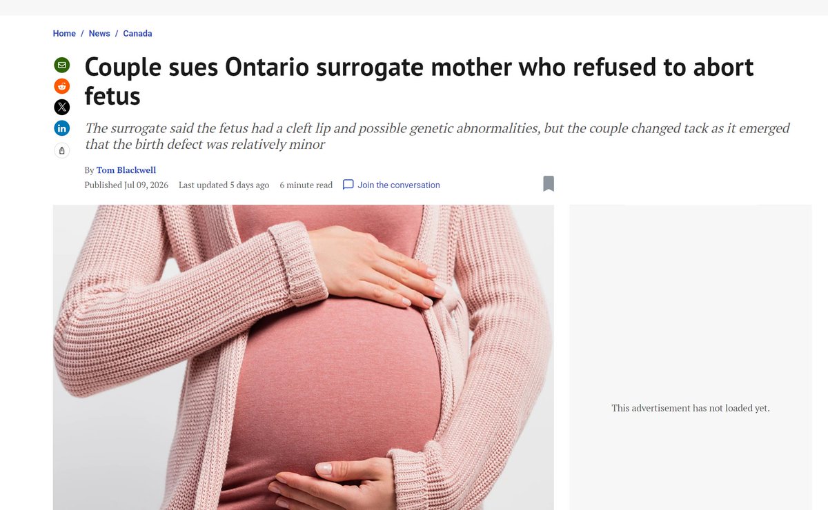 Tablesalt13's tweet photo. ‼️NEW -- A gay Canadian couple is suing their surrogate mother for emotional distress and loss of work income

two years after she refused their request to abort their fetus, because of a cleft lip

(and before further genetic testing revealed the baby was otherwise healthy) https://t.co/VYgNrUzMLR