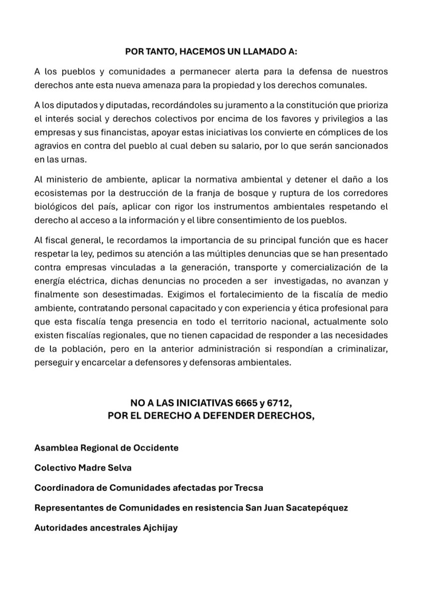 EObservadorGT's tweet photo. Organizaciones sociales, colectivos, Autoridades Ancestrales y representantes comunitarios se pronuncian contra las iniciativas de ley 6665 y 6712, ya que representan un riesgo para territorios, derechos colectivos indígenas y derechos ambientales humanos. 1/2 https://t.co/23SgsaIoWn