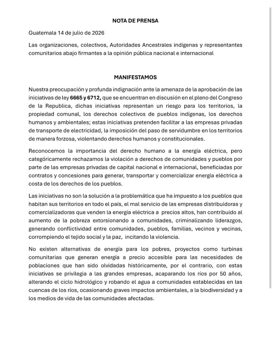 EObservadorGT's tweet photo. Organizaciones sociales, colectivos, Autoridades Ancestrales y representantes comunitarios se pronuncian contra las iniciativas de ley 6665 y 6712, ya que representan un riesgo para territorios, derechos colectivos indígenas y derechos ambientales humanos. 1/2 https://t.co/23SgsaIoWn