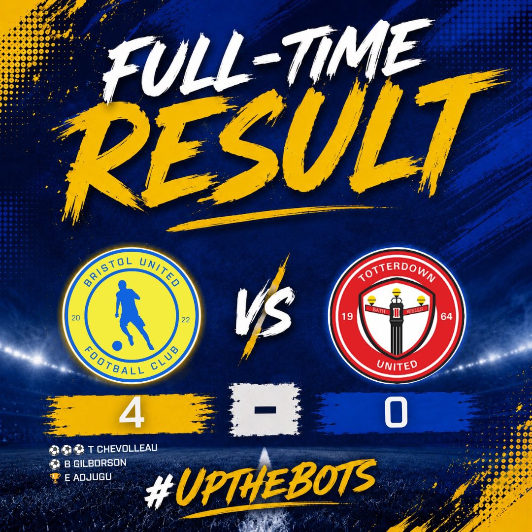FCBristolUnited's tweet photo. 🏆 FT | Bristol United 4-0 Totterdown United

Into the next round of the Fry Club Cup 👏

⚽⚽⚽ T Chevolleau
⚽ B Gilborson

🏆 MOTM: Emmanuel Adjugu a commanding display, capped with a couple of assists

A brilliant team performance

#UpTheBots #FryClubCup #BristolUnitedFC https://t.co/J3dsWq6ld1