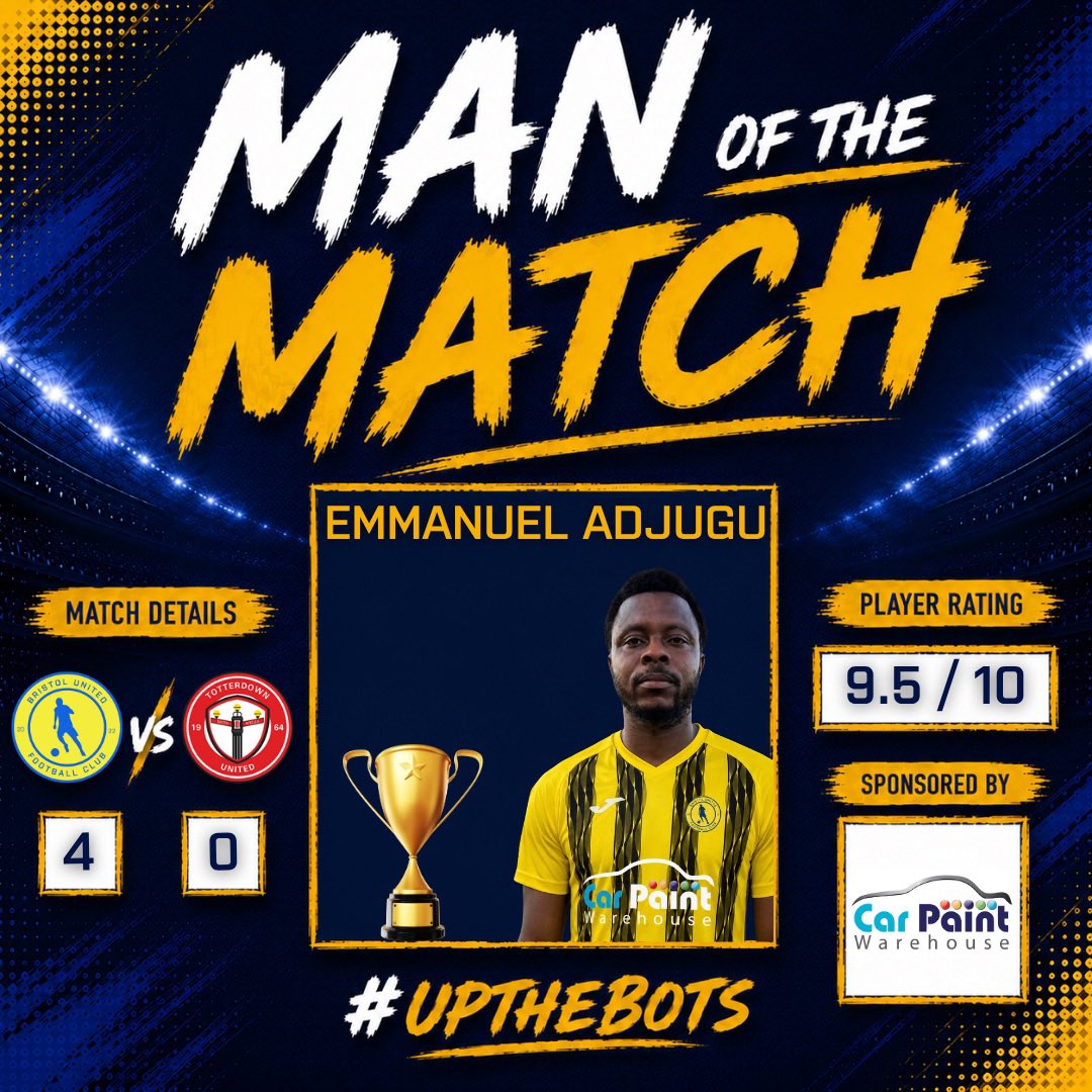 FCBristolUnited's tweet photo. 🏆 FT | Bristol United 4-0 Totterdown United

Into the next round of the Fry Club Cup 👏

⚽⚽⚽ T Chevolleau
⚽ B Gilborson

🏆 MOTM: Emmanuel Adjugu a commanding display, capped with a couple of assists

A brilliant team performance

#UpTheBots #FryClubCup #BristolUnitedFC https://t.co/J3dsWq6ld1