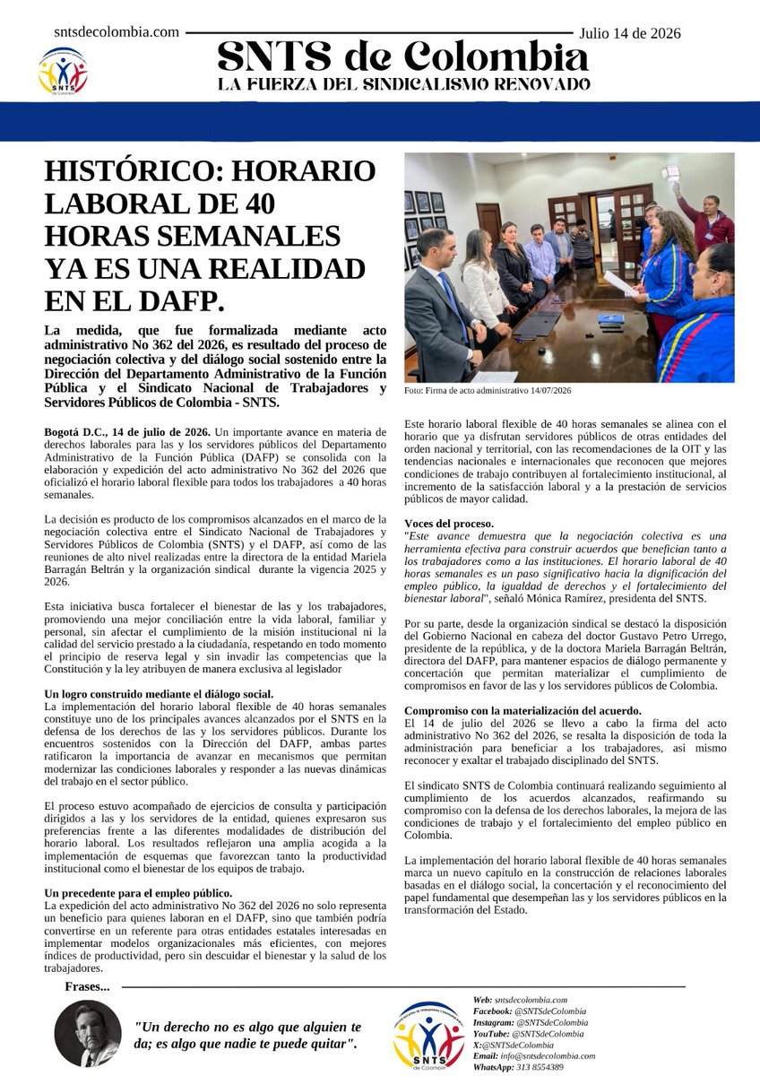 SNTSdeColombia's tweet photo. HISTÓRICO: HORARIO LABORAL FLEXIBLE DE 40 HORAS SEMANALES YA ES UNA REALIDAD EN EL @DAFP_COLOMBIA

La medida fue formalizada mediante acto administrativo No 362 del 2026, como resultado del proceso de negociación colectiva y del diálogo entre el DAFP y el @SNTSdeColombia https://t.co/Z6Q2fXeoe1