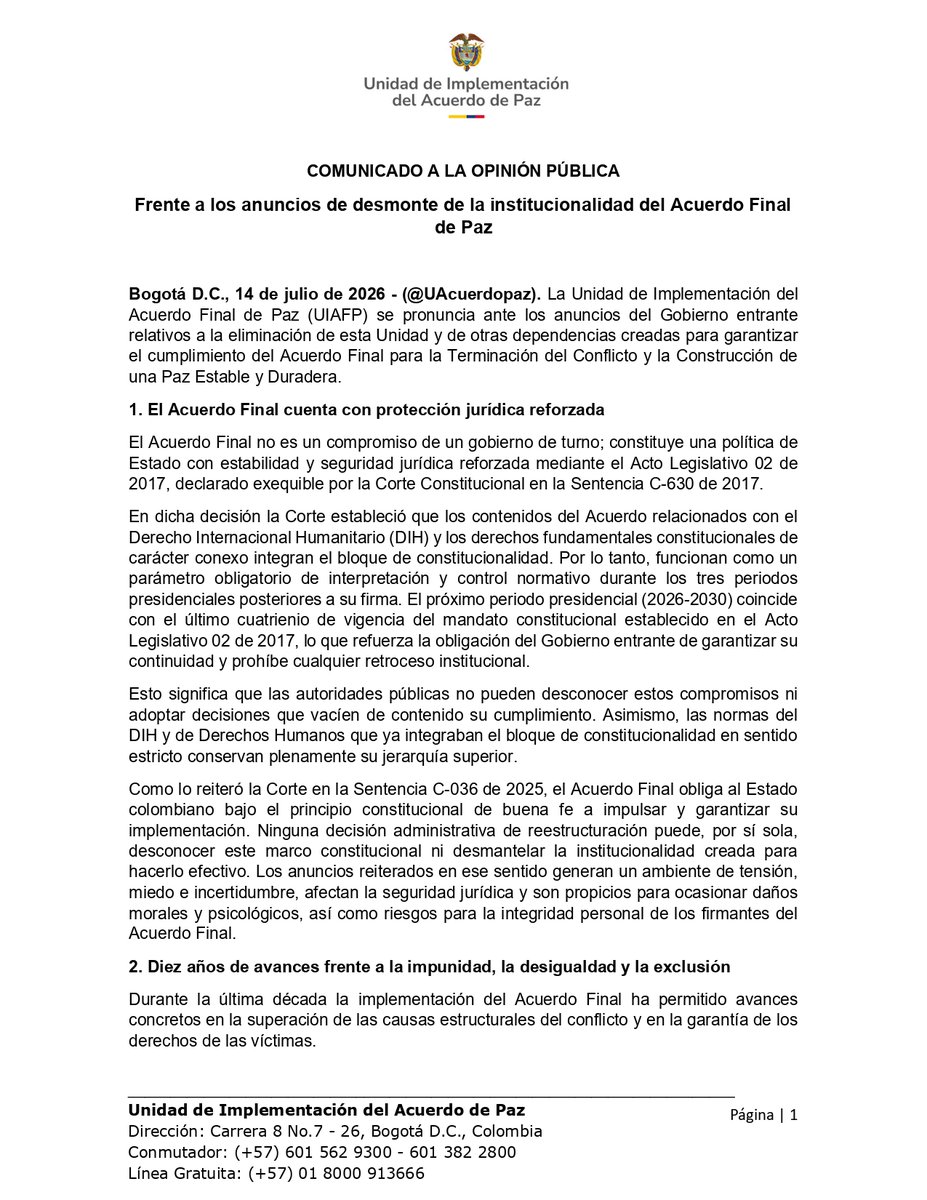 UAcuerdoPaz's tweet photo. #Comunicado 📢 | La @UAcuerdoPaz se pronuncia ante los anuncios sobre la eliminación de esta Unidad y de otras entidades creadas para implementar el #AcuerdoDePaz. 
La paz es un compromiso constitucional que no admite retrocesos. 
👉Más: https://t.co/2f8Rsq2Qur https://t.co/SfUbdYinsO