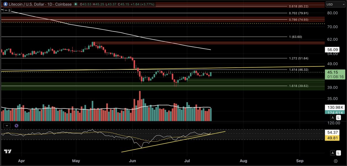 XRPathologist's tweet photo. One thing I pay close attention to near potential market bottoms is daily RSI. If price is moving sideways while daily RSI continues making higher lows, like it's doing here with #LTC, it tells me downside momentum is weakening beneath the surface. 

By itself, bullish divergence doesn't guarantee a reversal. But when it's accompanied by:

• Price holding support repeatedly
• A prolonged trading range
• Selling pressure failing to make meaningful new lows

...it starts looking less like distribution and more like accumulation.

Institutions don't typically announce they're buying. They absorb supply while retail loses patience. 

Confirmation still comes from a breakout above structure. Until then, I'm watching momentum improve while price remains compressed.

Structure first. Narrative second.
#Bitcoin #Litecoin #Crypto #BTC #LTC #TechnicalAnalysis #CryptoTrading #MarketStructure #RSI