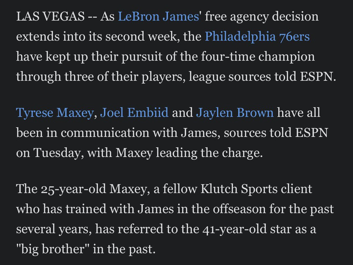 JoshReynolds24's tweet photo. Tyrese Maxey, Joel Embiid &amp; Jaylen Brown have all been in contact with LeBron James according to @mcten’s latest article…

Some really good nuggets from it 👀👀👀 https://t.co/LKva9xGBf2
