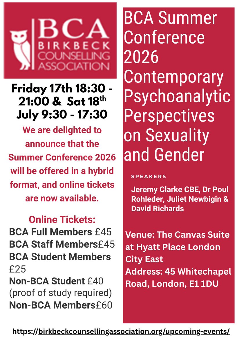 MiltonSattler's tweet photo. ⏳ Last chance to book! Join the BCA Summer Conference 2026: Contemporary Psychoanalytic Perspectives on Sexuality and Gender. In-person places are full, but online tickets remain. 8 hours CPD. Book now: https://t.co/IgTE9BNYkh #Psychoanalysis https://t.co/PDq9QQze0d