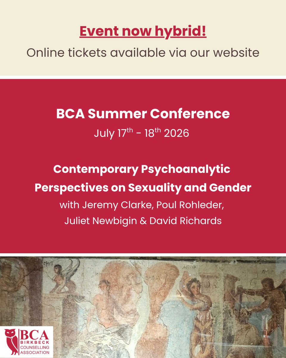 MiltonSattler's tweet photo. ⏳ Last chance to book! Join the BCA Summer Conference 2026: Contemporary Psychoanalytic Perspectives on Sexuality and Gender. In-person places are full, but online tickets remain. 8 hours CPD. Book now: https://t.co/IgTE9BNYkh #Psychoanalysis https://t.co/PDq9QQze0d