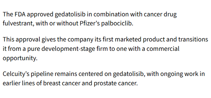 Sebastian2qls's tweet photo. $CELC
Stock Clocks Best Day In About 2 Months On First FDA Approval For Cancer Drug Gedatolisib, in-licensed from Pfizer in 2021, is Celcuity’s sole late-stage asset. https://t.co/t602fR25Rn
