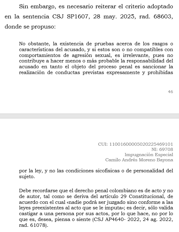 loviedoH's tweet photo. Corte S. Rad. 69708/26. Acoso Sexual.

Fiabilidad del testimonio. Valoración del testigo único. Reitera la Corte: rasgos o características del acusad@ es irrelevante, el objeto del proceso penal es castigar conductas delictuales y no la personalidad del sujeto. https://t.co/g30o6gzNMm