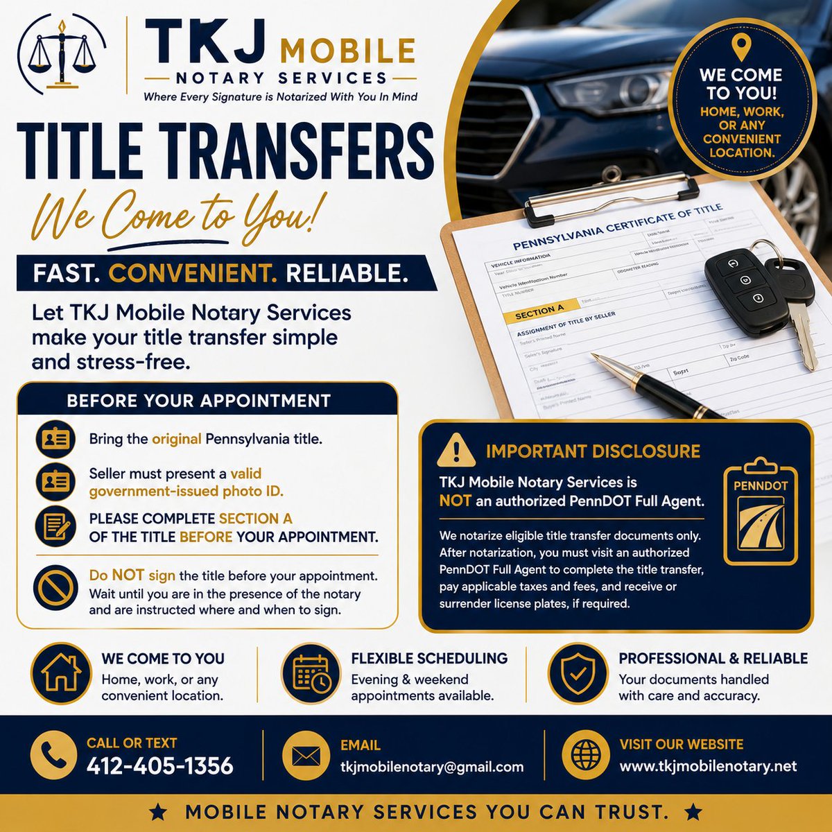 TKJMobileNotary's tweet photo. 🚗we come to you for PA title notarizations!✅ Bring original title &amp; valid ID✅ Complete SectionA before your appt.
❌ Don't sign until instructed by the notary. Not a PennDOT Full Agent. You'll still need to visit PennDOT Full Agent to file #TitleTransfer #PANotary #Pittsburgh https://t.co/rbz73XcH1Q