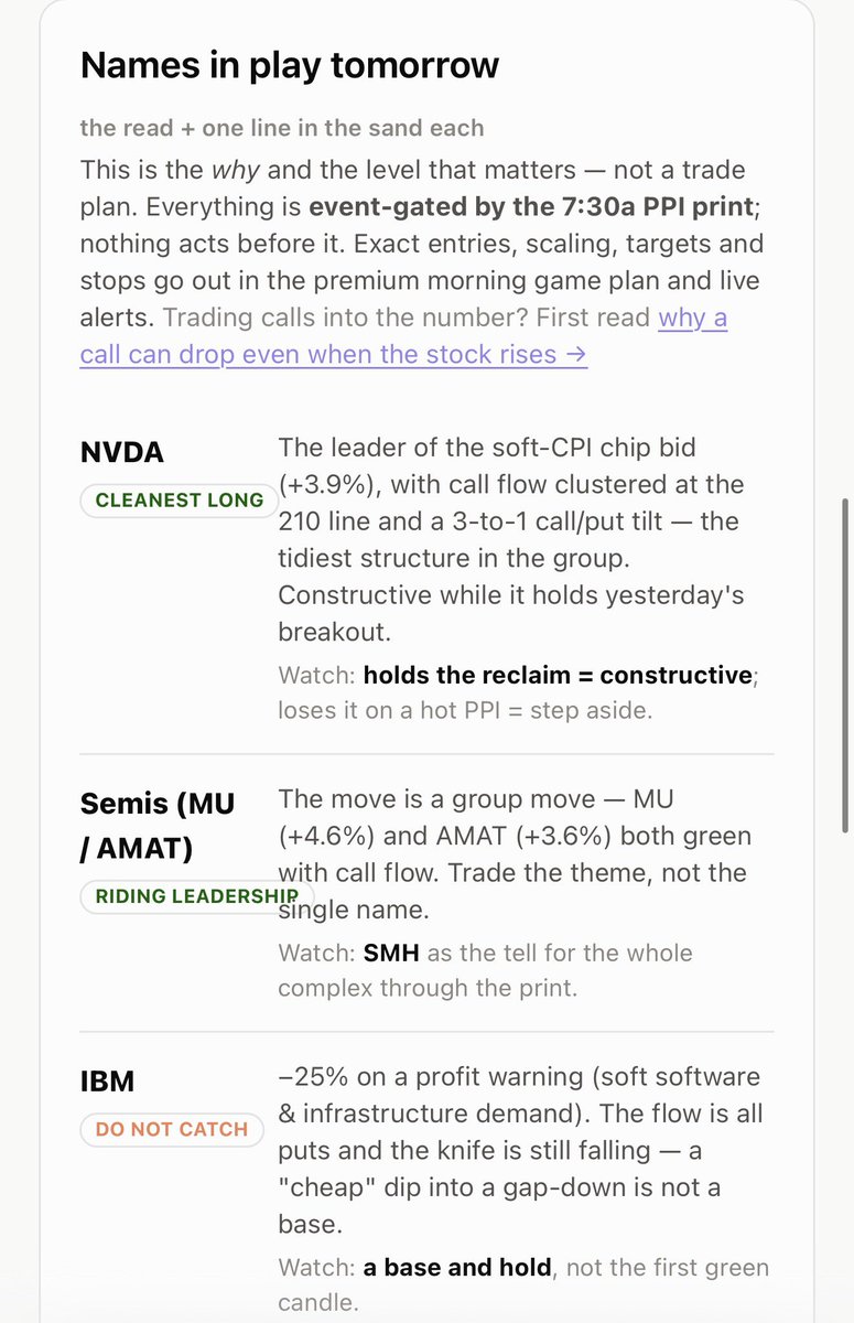 algoxfloww's tweet photo. Tomorrow’s names in play — the read + one line in the sand each. Free, from tonight’s brief:

$NVDA — cleanest long in the group. Call flow clustered, 3:1 tilt. Holds the reclaim = constructive. Loses it on a hot PPI = step aside.

$MU $AMAT — it’s a GROUP move. Trade the theme, watch $SMH as the tell, not the single names.

$IBM — do not catch. Flow is all puts, knife’s still falling. A “cheap” dip into a gap-down is not a base.