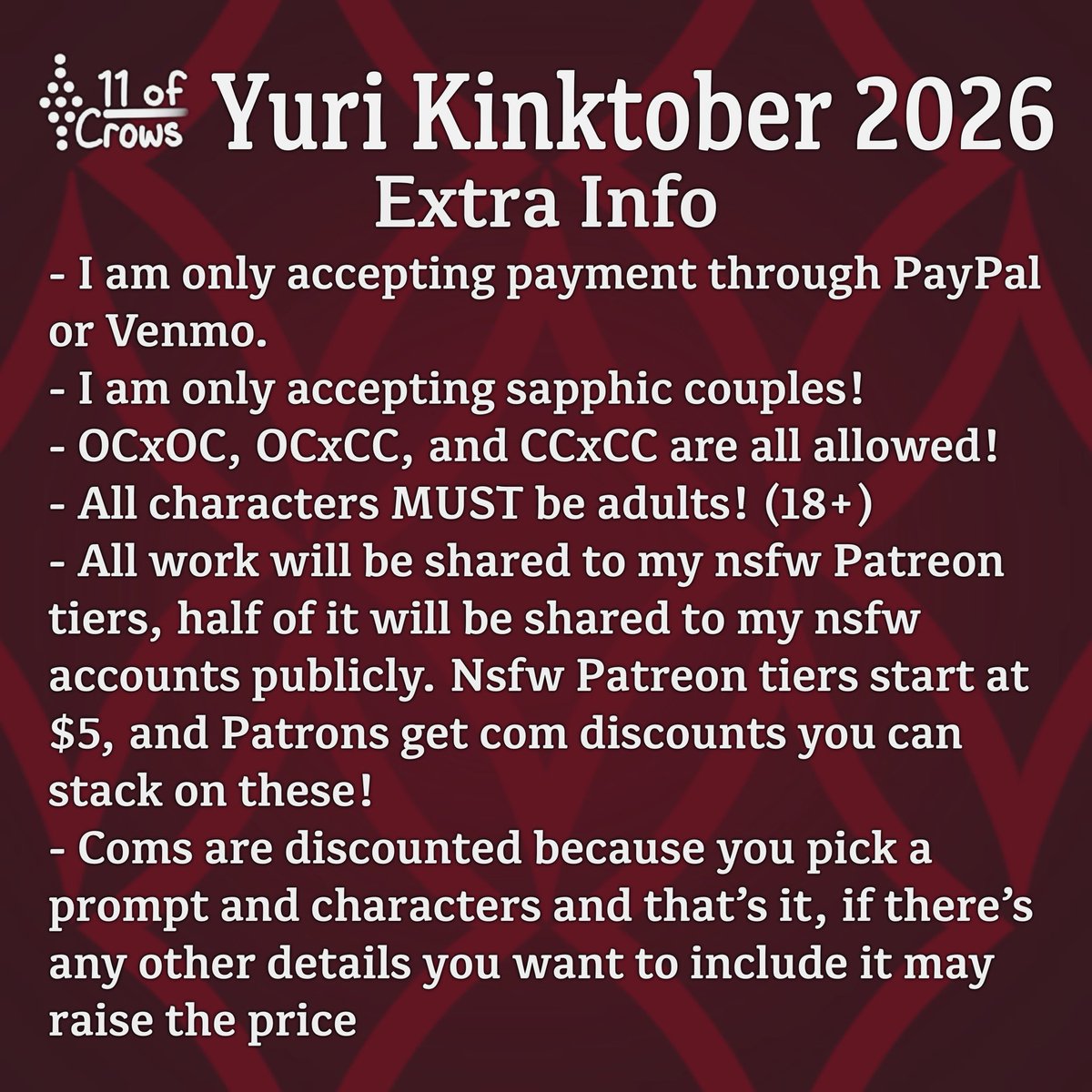 69ofCrows's tweet photo. Doing discounts for kinktober again, but I’m setting up way in advance because I’m moving in August/September 🫡
Dm me if you’re interested and feel free to ask questions! I’ll be accepting coms until Sept 30th or until I run out of prompts, as each prompt can only be used once! https://t.co/JnAEi3iglX