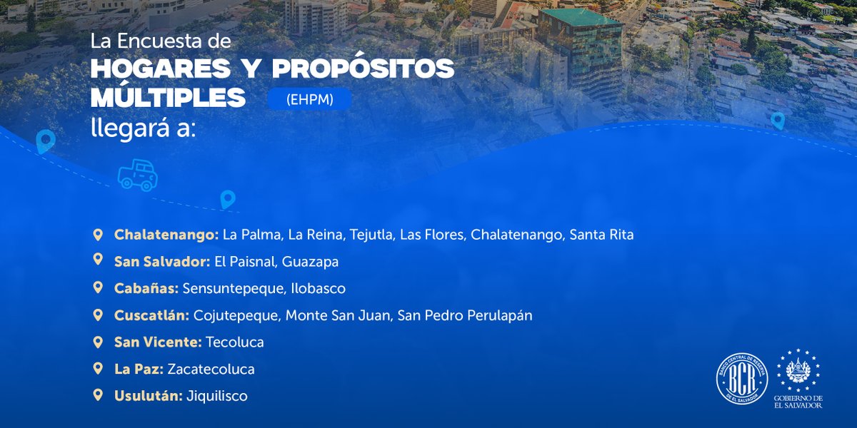 bcr_sv's tweet photo. 📢 Te compartimos la ruta de esta semana por parte de nuestros gestores de información para las encuestas de Precios, Económica, Turismo y Hogares de Propósitos Múltiples. https://t.co/3bOku8f8Es