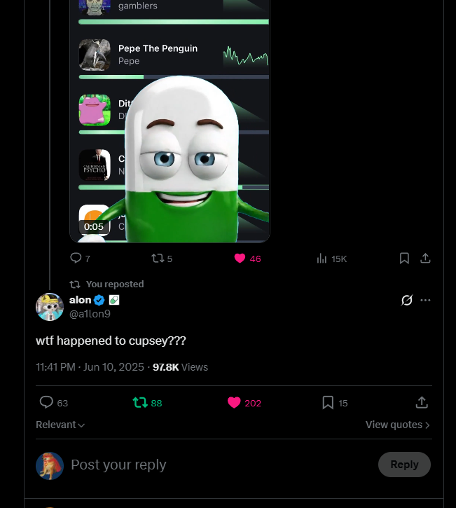 cheemsinu's tweet photo. $Cupsey to the moon.

Pumpfun mascot confirmed by Alon https://t.co/o9DofGF0dk