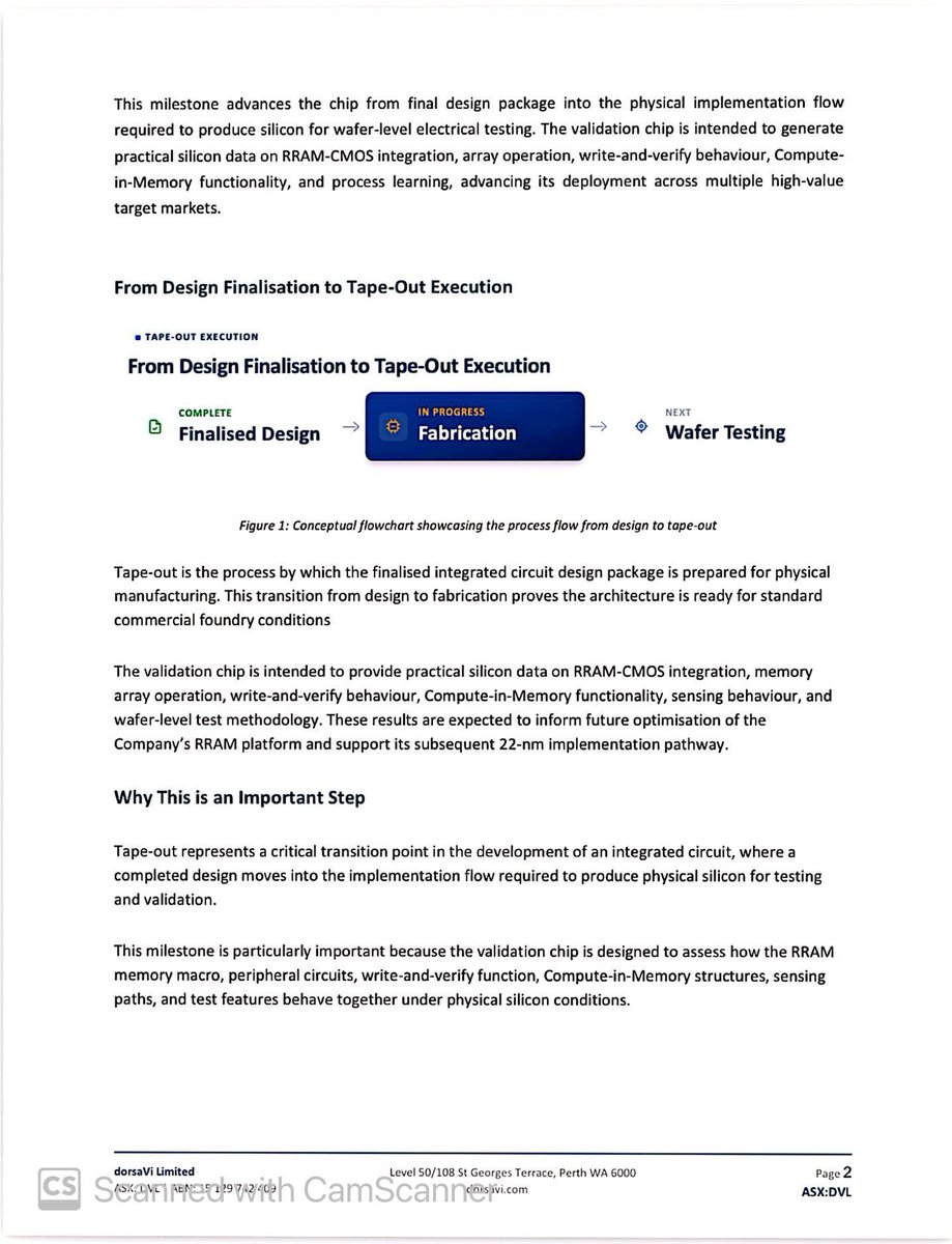 SalvadorMaurice's tweet photo. $DVL
dorsaVi Commences Tape-Out of #Validation #Chip, A Key Milestone in 22-nm #RRAM Development Pathway
Milestone advances the program from completed design into physical silicon manufacturing to validate dorsaVi's #RRAM platform for future #Al, #robotics, #EV and wearable applications..